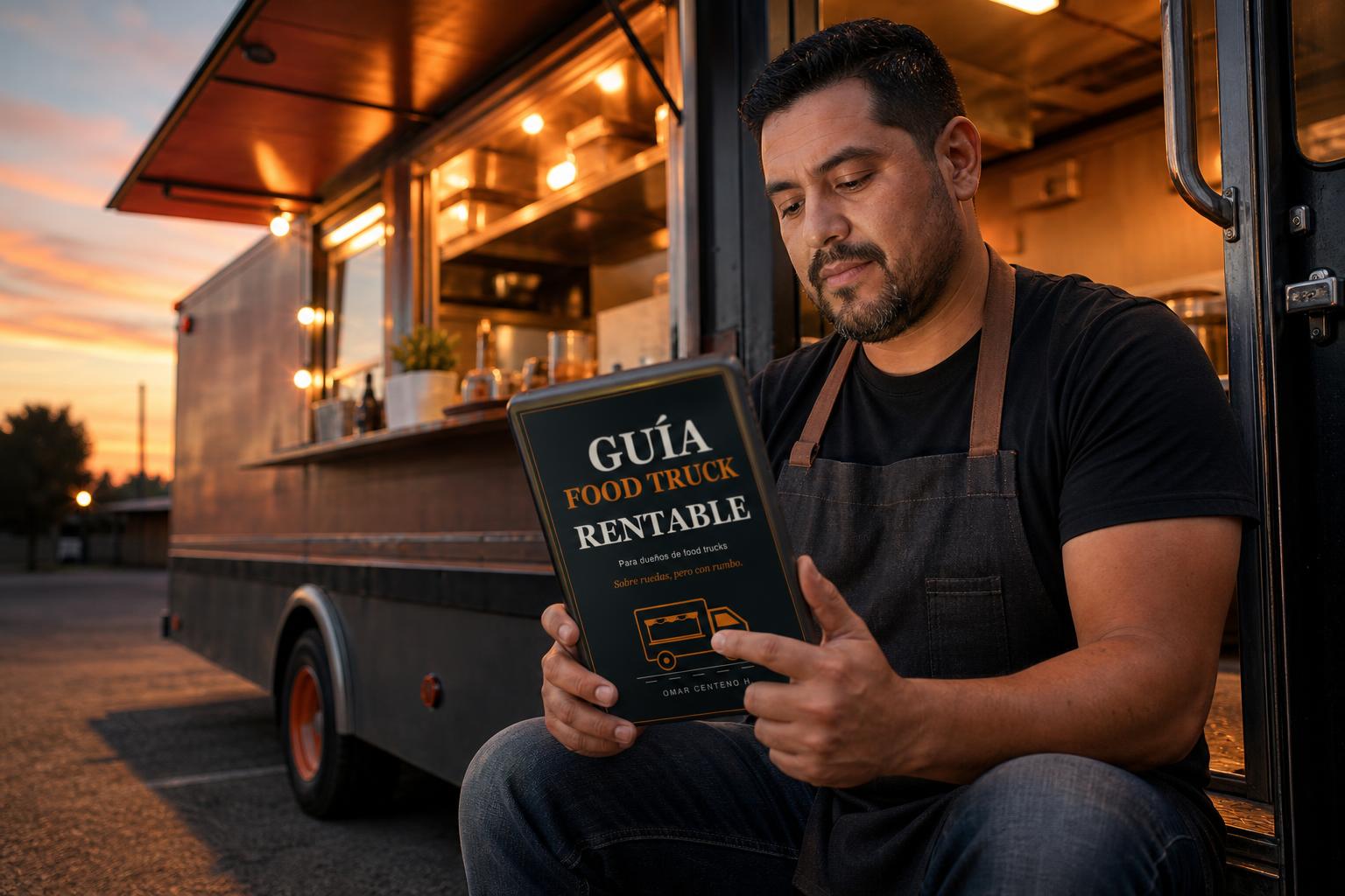 Dueño de food truck leyendo la guía en una tablet